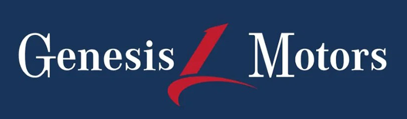 El texto blanco "Genesis Motors" sobre un fondo azul marino, separado por un gr&aacute;fico abstracto rojo con forma de ala.