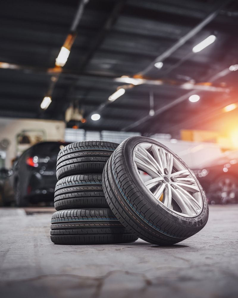 Una pila de tres neumáticos de coche junto a una rueda montada en el suelo de un garaje, con vehículos borrosos al fondo.