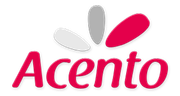 Logotipo para "Acento": Marca denominativa roja bajo un diseño abstracto de pétalos blancos, grises y rosas.