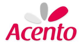 Logotipo para "Acento": Marca denominativa roja bajo un diseño abstracto de pétalos blancos, grises y rosas.