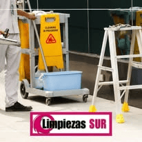 Un profesional de la limpieza empuja un carrito con una señal de advertencia amarilla junto a una escalera de mano, con el texto