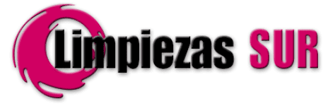 El logotipo de Limpiezas SUR presenta texto negro y la palabra "SUR" en rosa, junto a un gr&aacute;fico circular rosa en espiral.