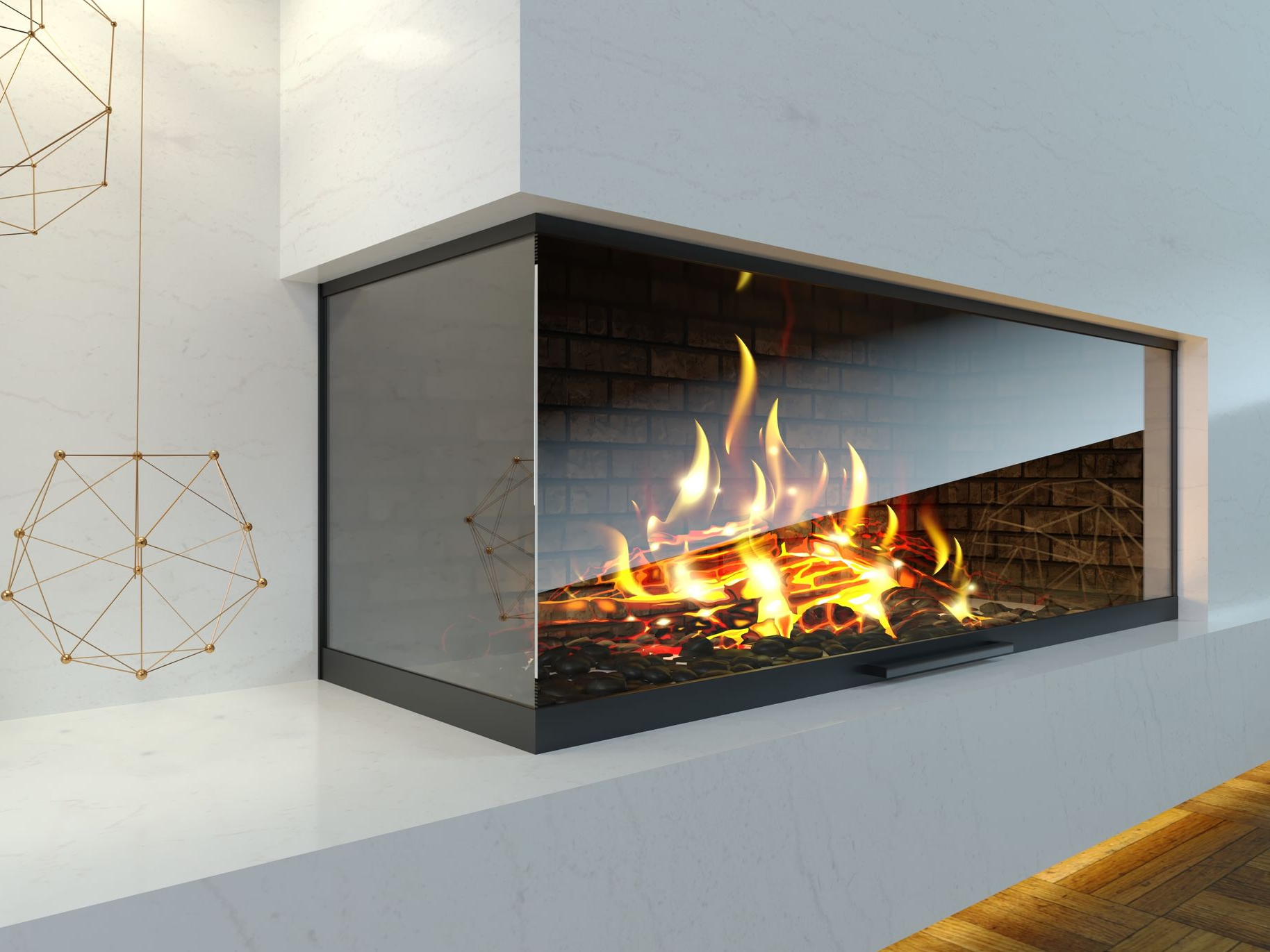 Cheminée moderne avec flammes derrière une vitre