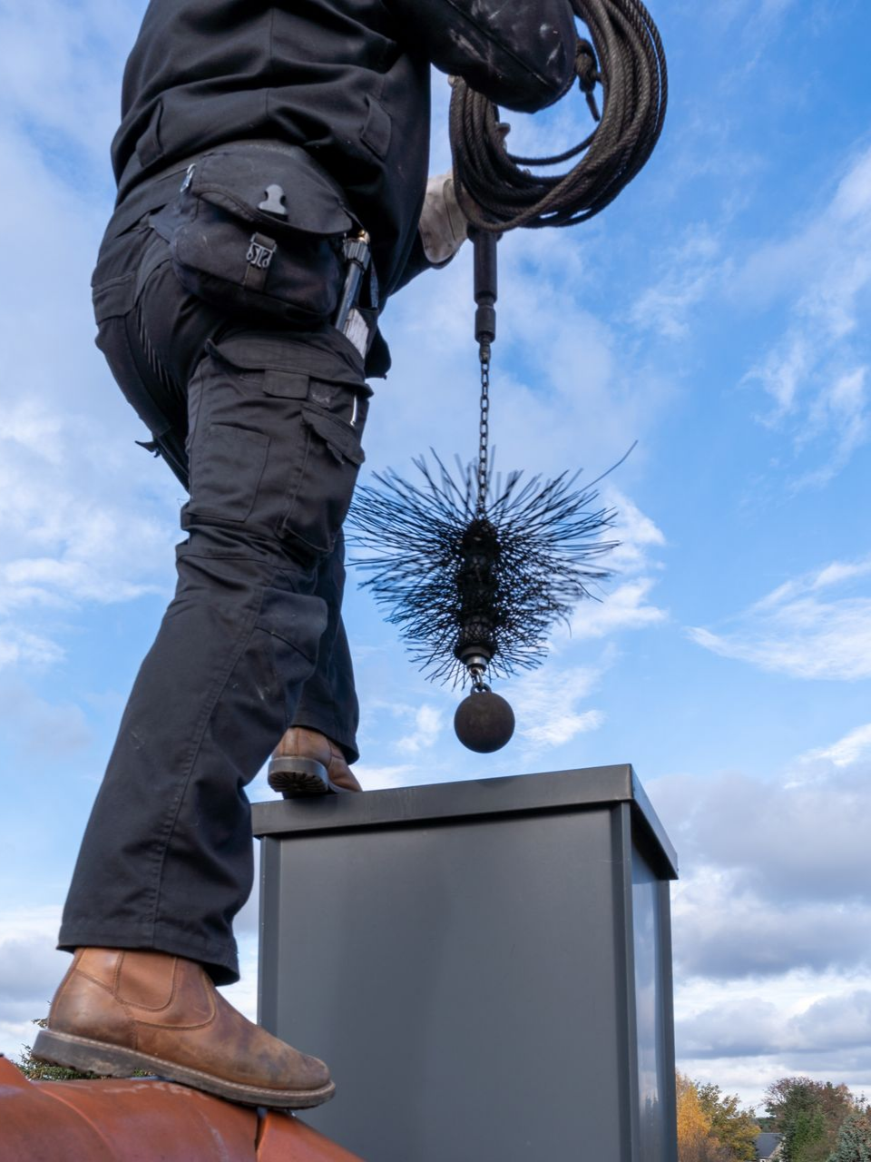 Ramoneur sur un toit, tenant brosse et câble sur fond de ciel bleu.