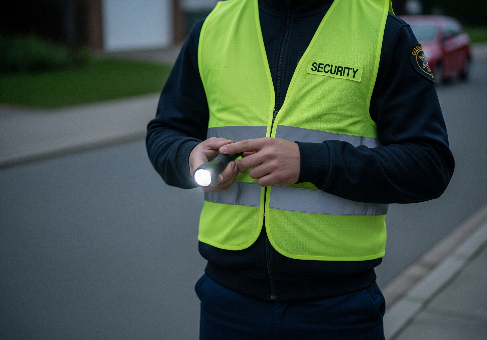 Agent de sécurité en gilet jaune fluo tenant une lampe torche dans une rue faiblement éclairée au crépuscule