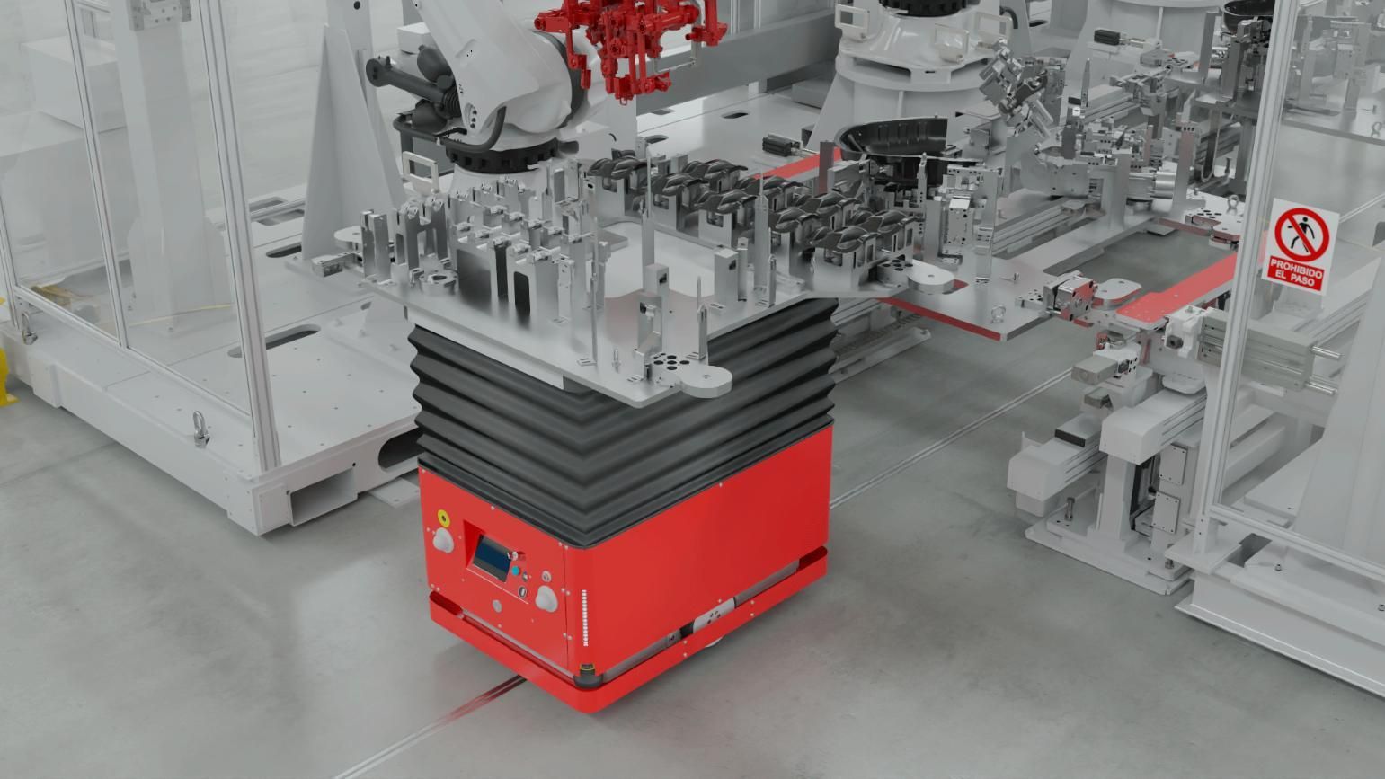 Un vehículo guiado automáticamente de color rojo, equipado con una plataforma elevadora, traslada una pieza metálica