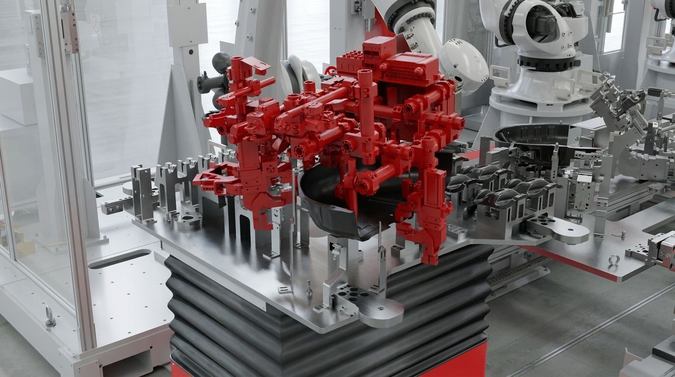 Render 3D maquinaria industrial compleja con componentes en rojo en entorno de planta técnica — Estudio 3DBS