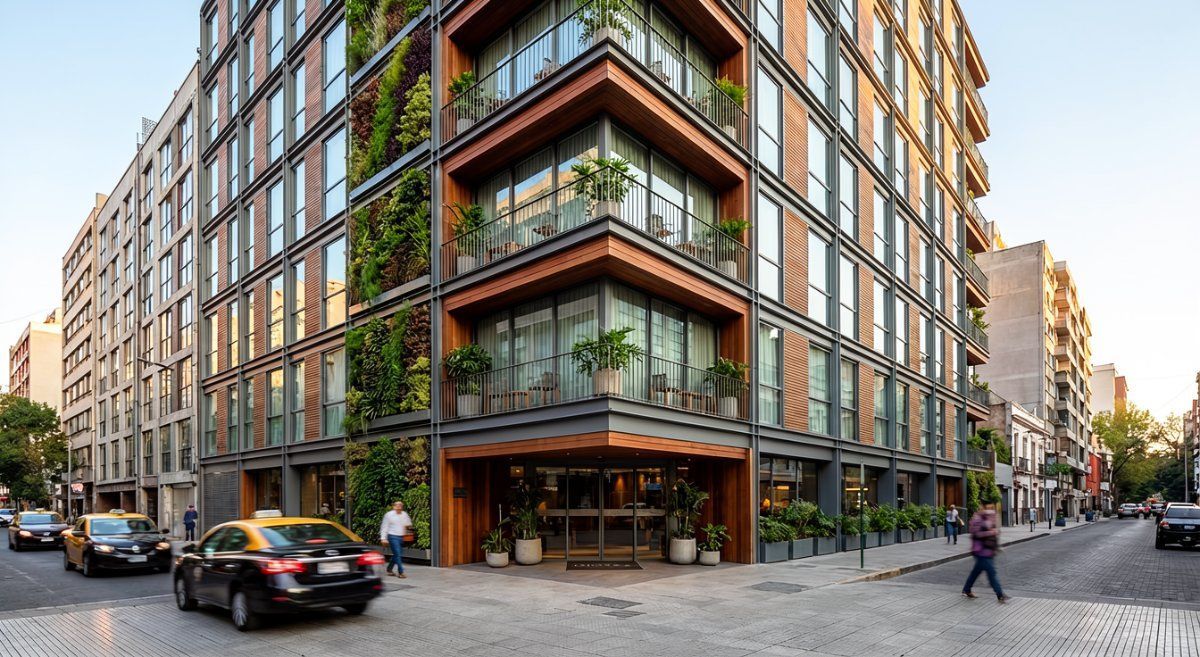 Un edificio moderno en esquina, con balcones revestidos de madera y jardines verticales