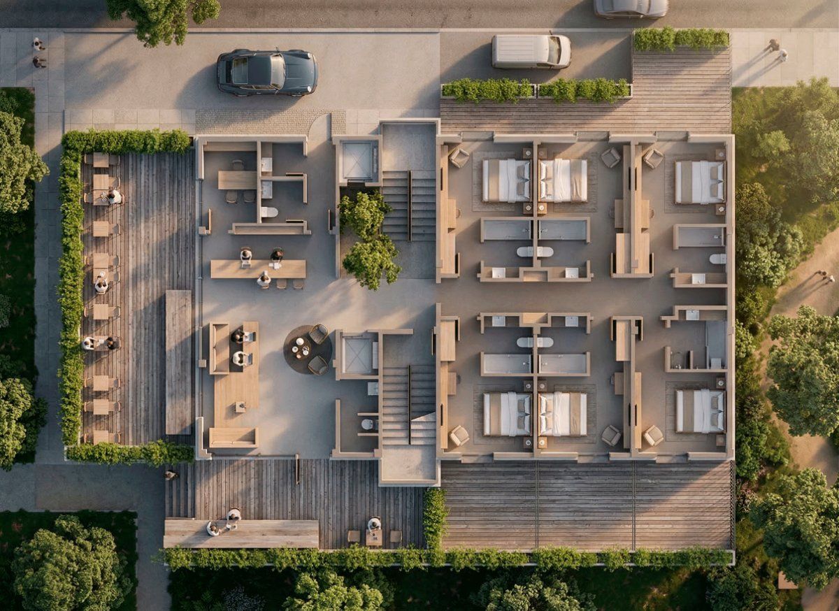 Plano arquitectónico de arriba hacia abajo de un edificio moderno con un gran patio de madera, jardines paisajísticos 