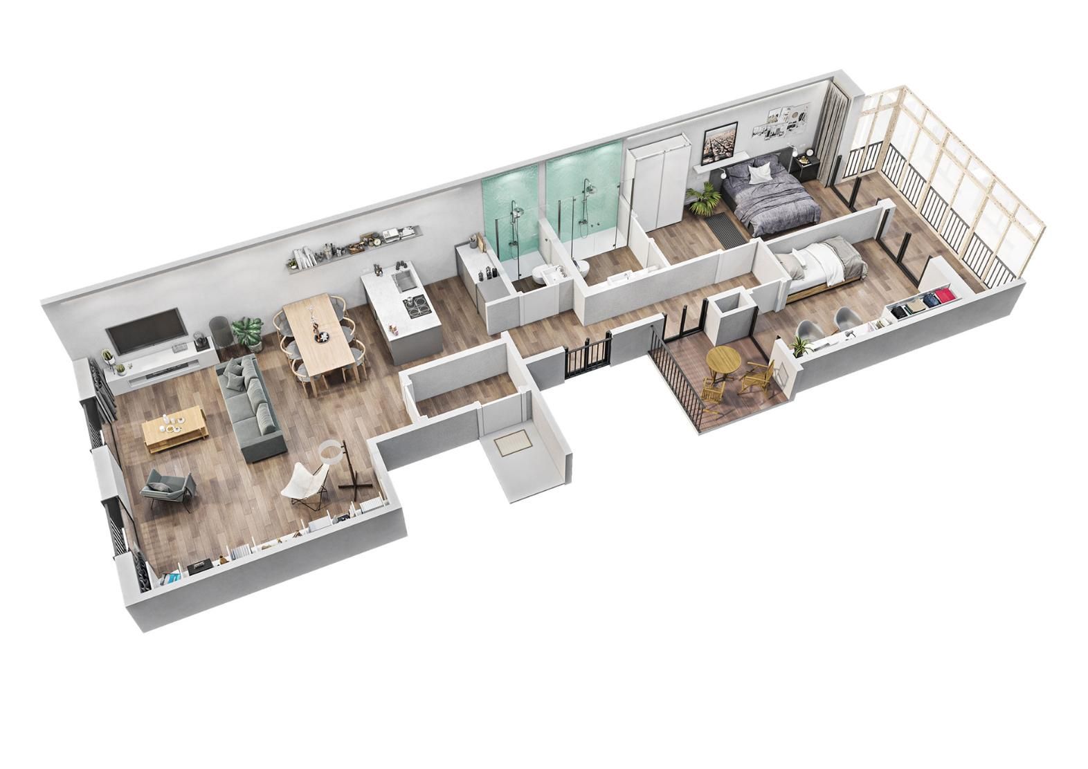 Plano tridimensional que muestra la distribución de un apartamento moderno 