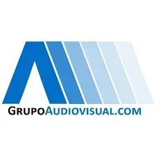 Logotipo de GrupoAudiovisual.com que presenta una letra 'A' azul estilizada compuesta por seis barras verticales
