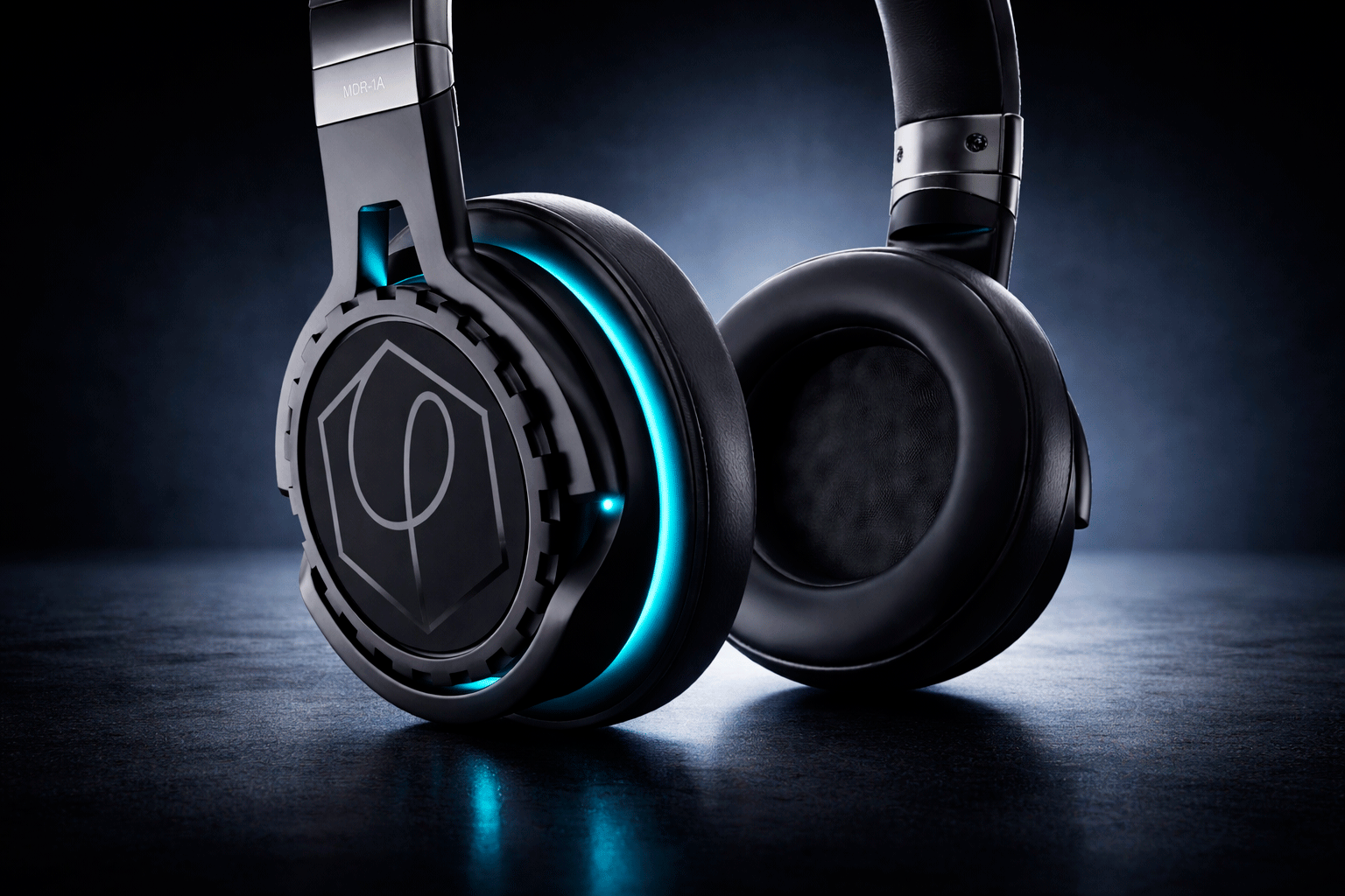 Un par de auriculares supraaurales negros con detalles de luz azul en las almohadillas, sobre un fondo oscuro y sombrío.