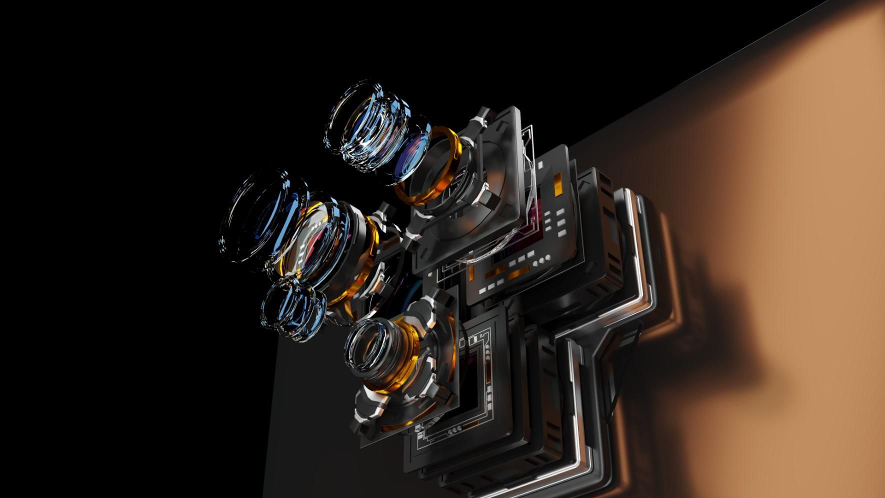 Una ilustración digital estilizada en 3D de lentes de cámara interconectadas y componentes mecánicos metálicos y oscuros.