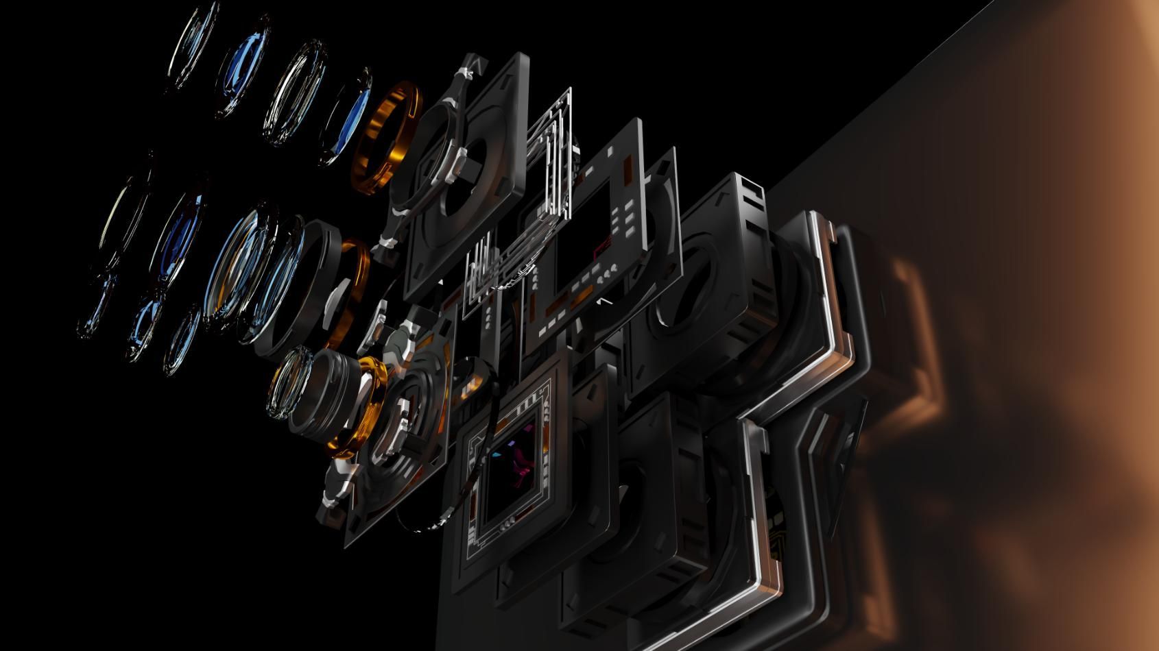 Vista explosionada en 3D de un módulo de cámara de un teléfono inteligente, que muestra las lentes apiladas