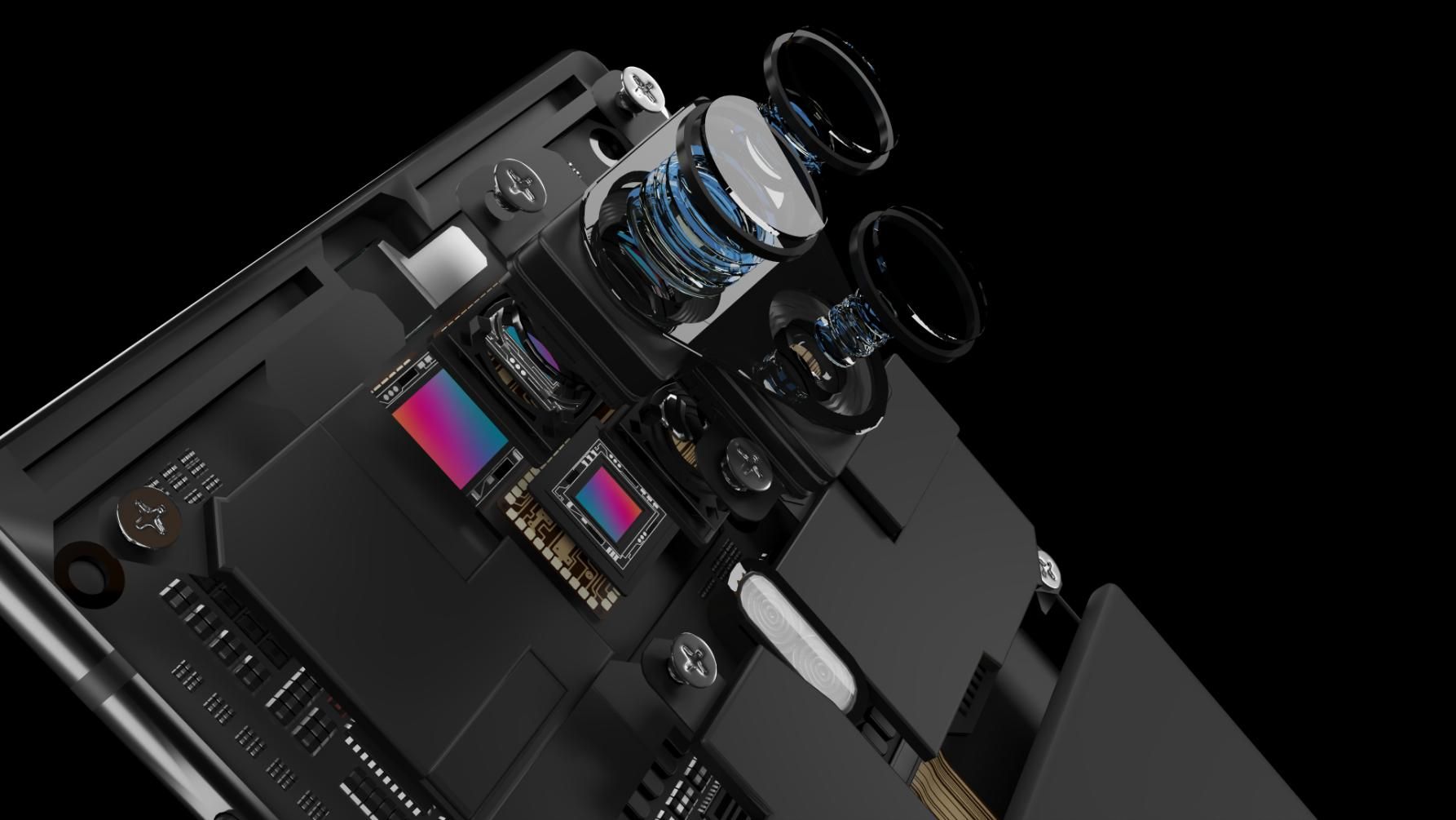 Vista explosionada de un módulo de cámara de smartphone, que muestra los sensores, las lentes y los componentes 