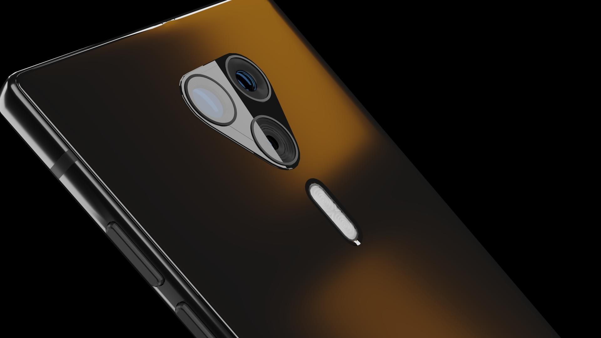 Vista trasera de un teléfono inteligente de color oscuro, que muestra una carcasa de cámara triangular y un flash 