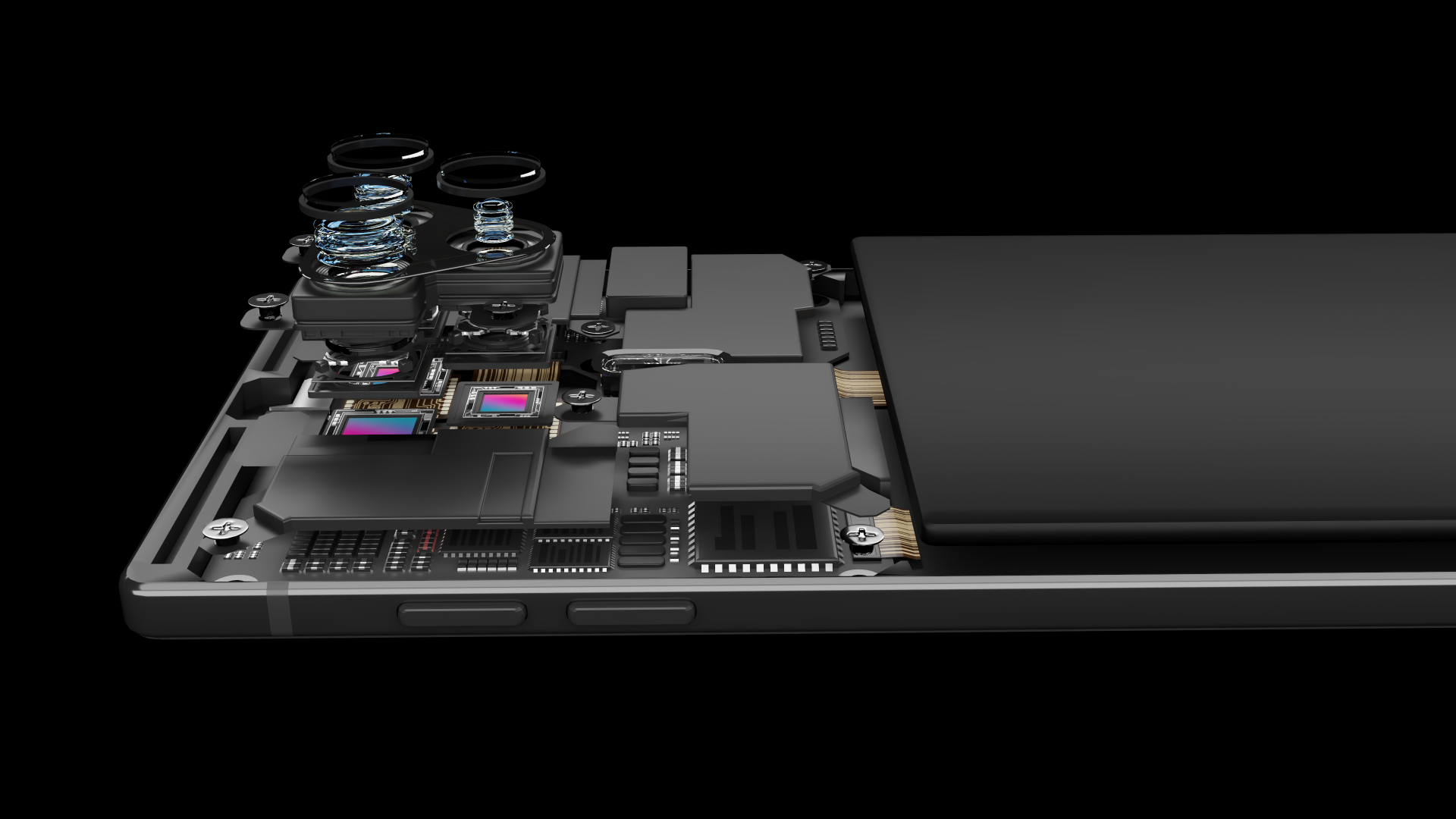 Render 3D vista explosionada lateral de smartphone con módulo de cámara y componentes electrónicos