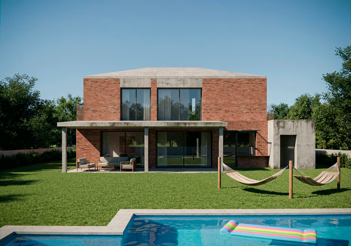Una moderna casa de ladrillo de dos plantas con grandes ventanales, un patio, dos hamacas y una piscina en un jardín trasero con césped.