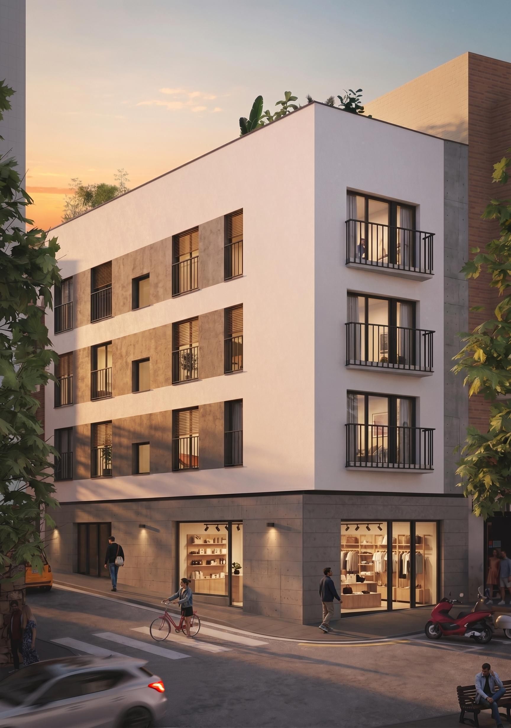 Render exterior de edificio plurifamiliar en esquina con local comercial en planta baja. Fachada con combinación de revoco blanco, hormigón visto y ladrillo. Terraza ajardinada en cubierta. Escena urbana con personas, bicicleta y vehículos. Iluminación de atardecer con cielo degradado azul-naranja.
