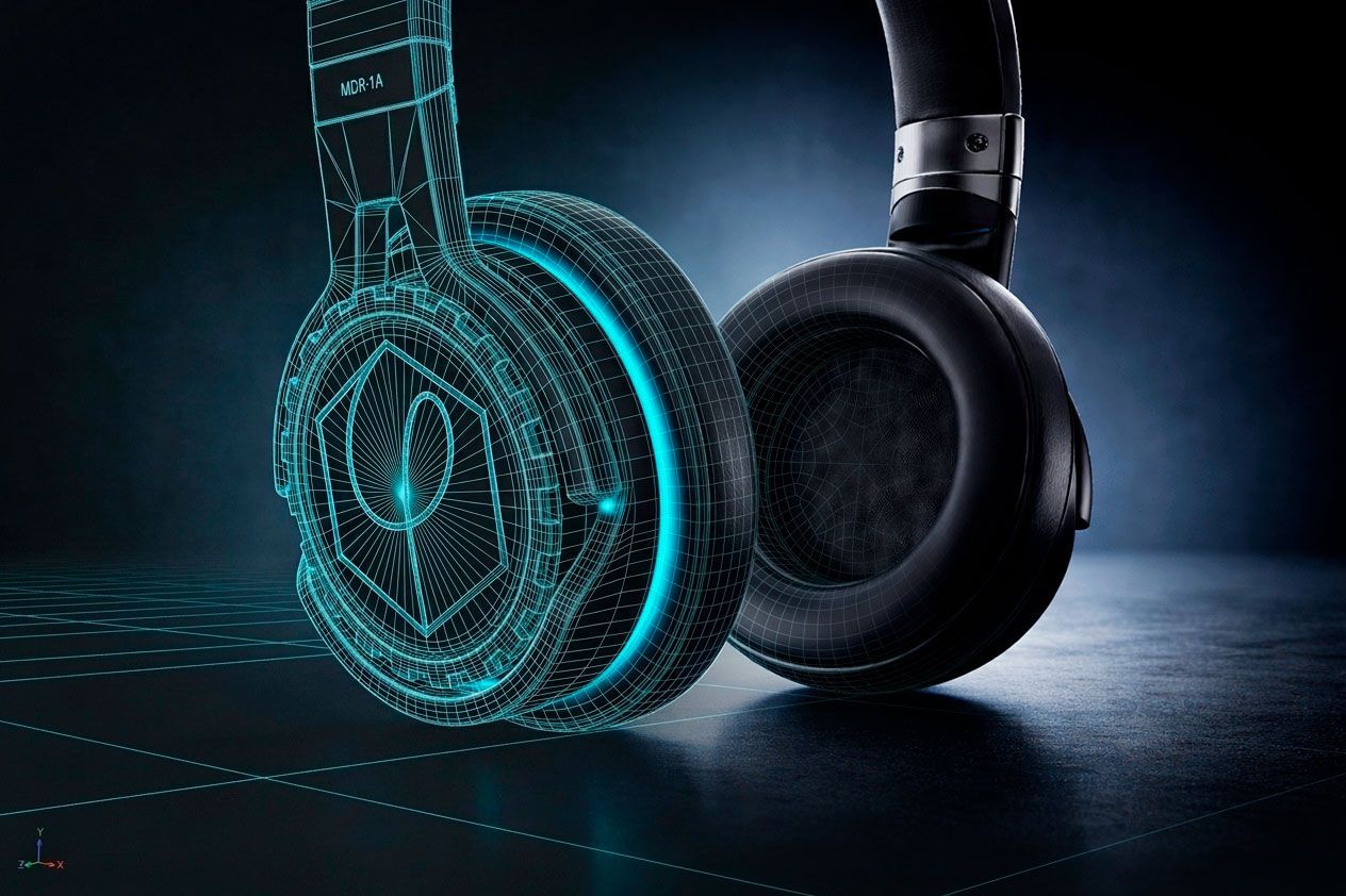 Comparativa wireframe y render 3D de auriculares mostrando el proceso de modelado profesional 