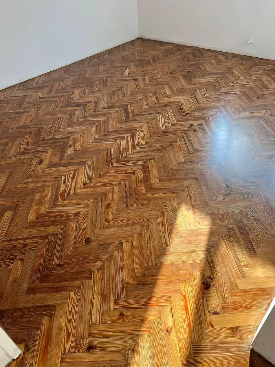 Habitación vacía con suelo de madera en espiga y un brillante rayo de sol en el suelo.