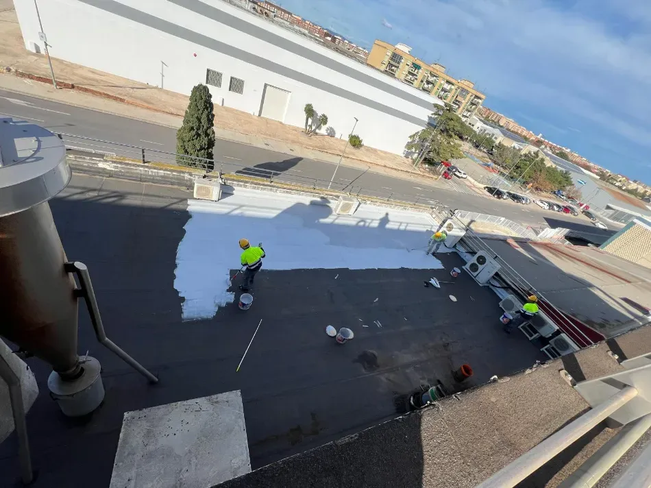 Trabajadores pintando un tejado, con una gran área pintada de blanco y una línea de arnés de seguridad cerca del borde.