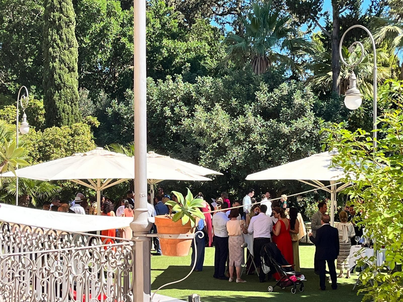 Un grupo de personas están de pie bajo sombrillas en un parque.