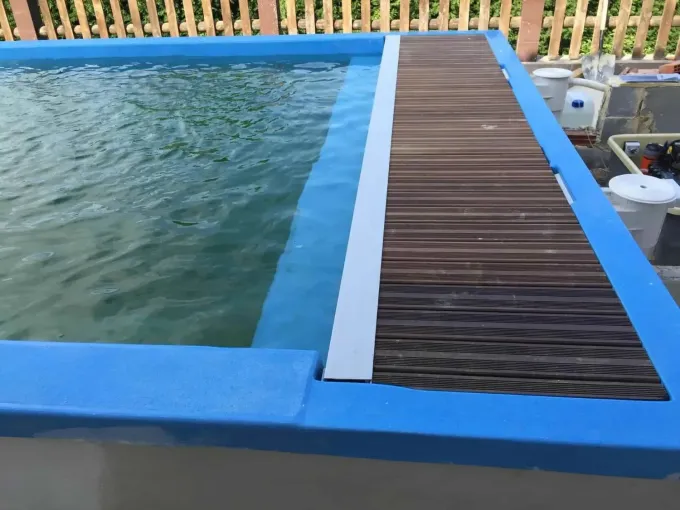 Piscina de borde azul con terraza de madera. Ondulaciones de agua. Valla clara al fondo.