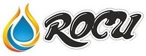 Logotipo con forma de llama azul y amarilla y la palabra "ROCU" en letra negra con contorno blanco.