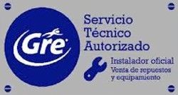 Logotipo de Gre, un servicio técnico. Círculo azul con