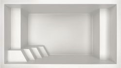 Piscina azul y blanca con varias secciones, incluido un spa y escaleras de entrada.