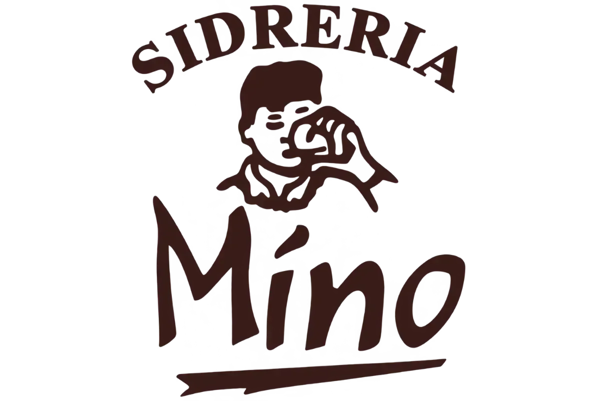 Logotipo de Sidrería Mino con un rostro estilizado y texto marrón sobre fondo blanco.