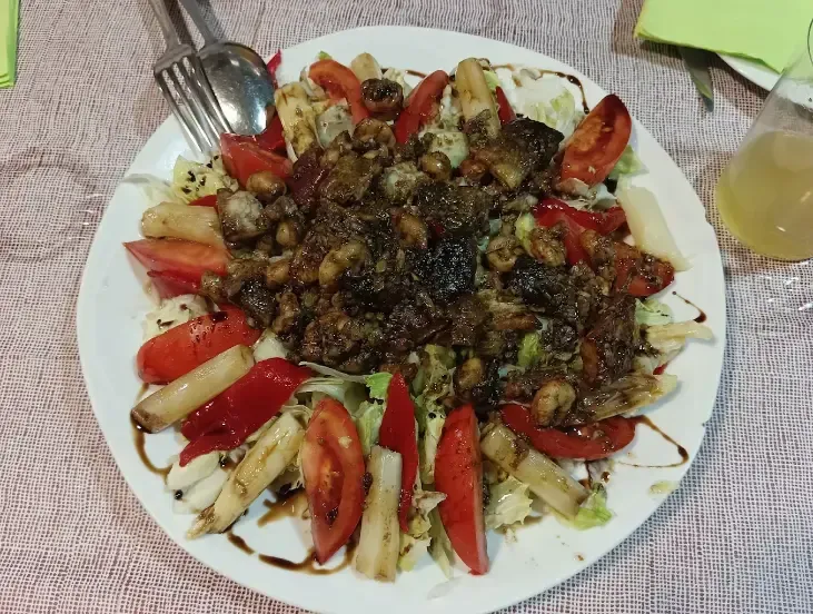 Plato de verduras rellenas cubiertas con salsa oscura, rodeado de rodajas de tomate y cebolla sobre una mesa.
