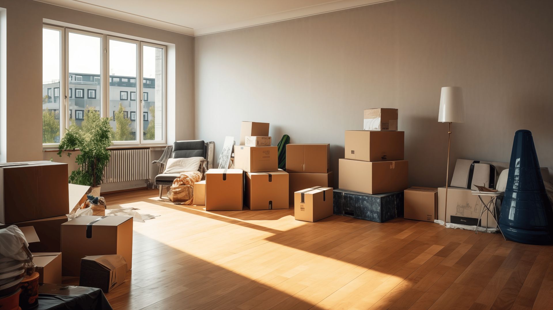 Pièce vide avec des cartons de déménagement empilés près d'une fenêtre éclairée par la lumière du soleil.