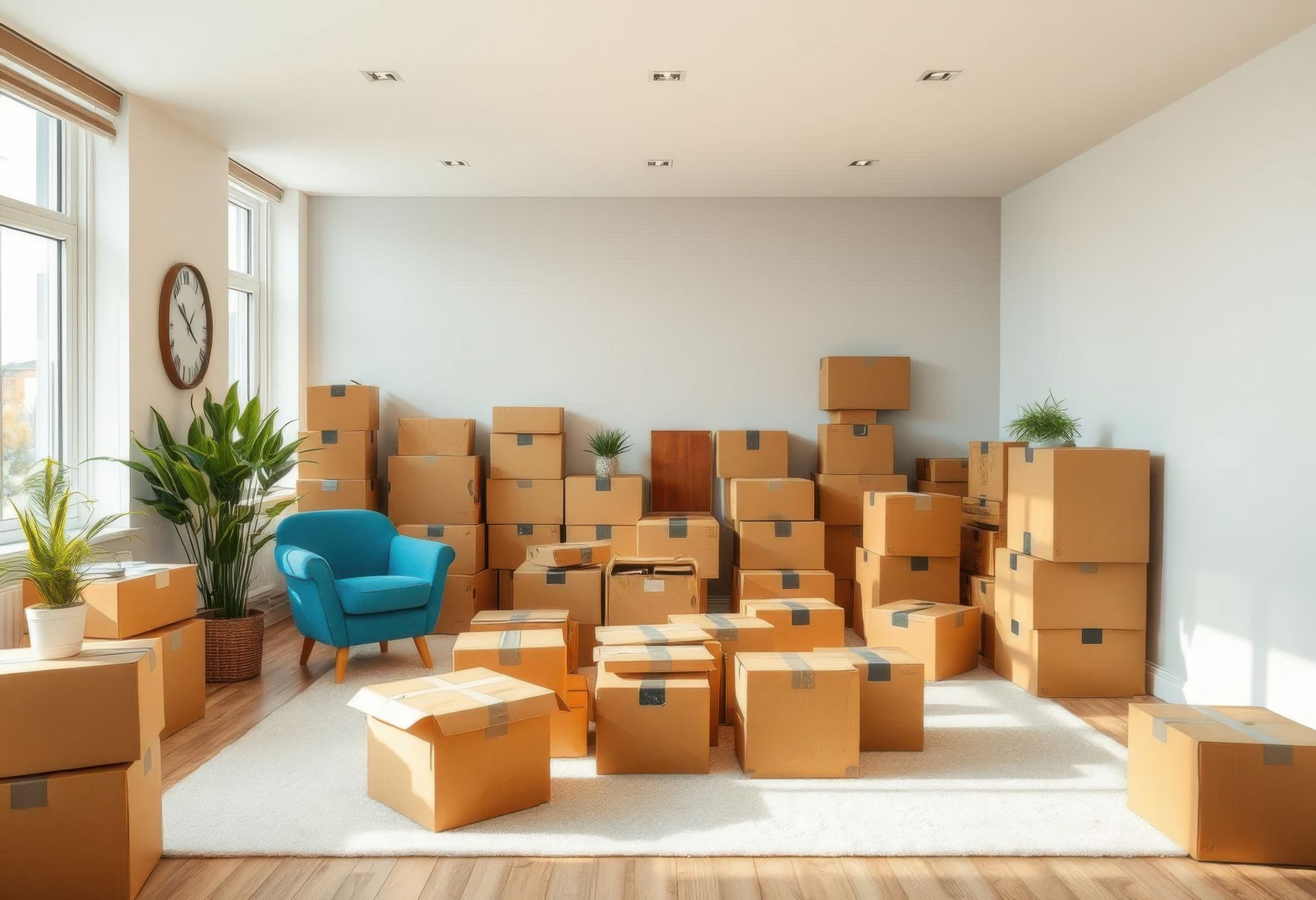 Pièce remplie de cartons de déménagement, d'un fauteuil bleu et de plantes.