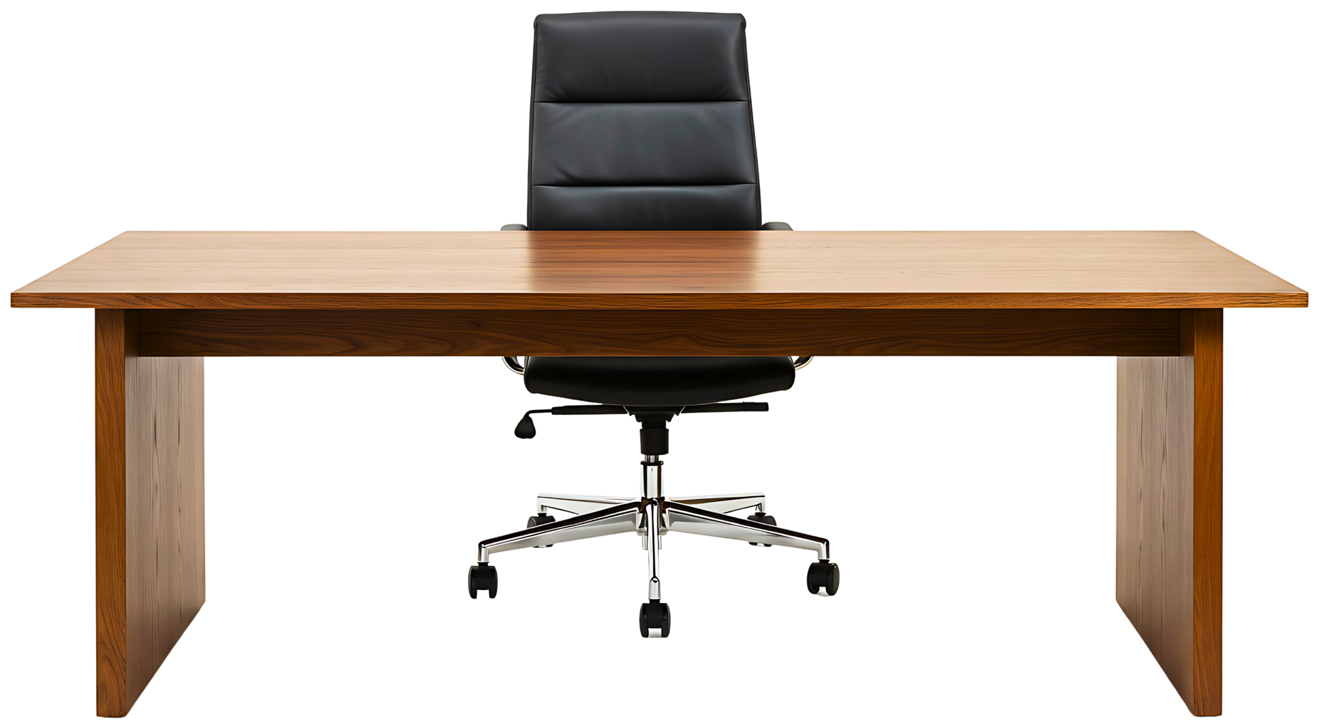 Bureau en bois avec chaise de bureau en cuir noir au centre.