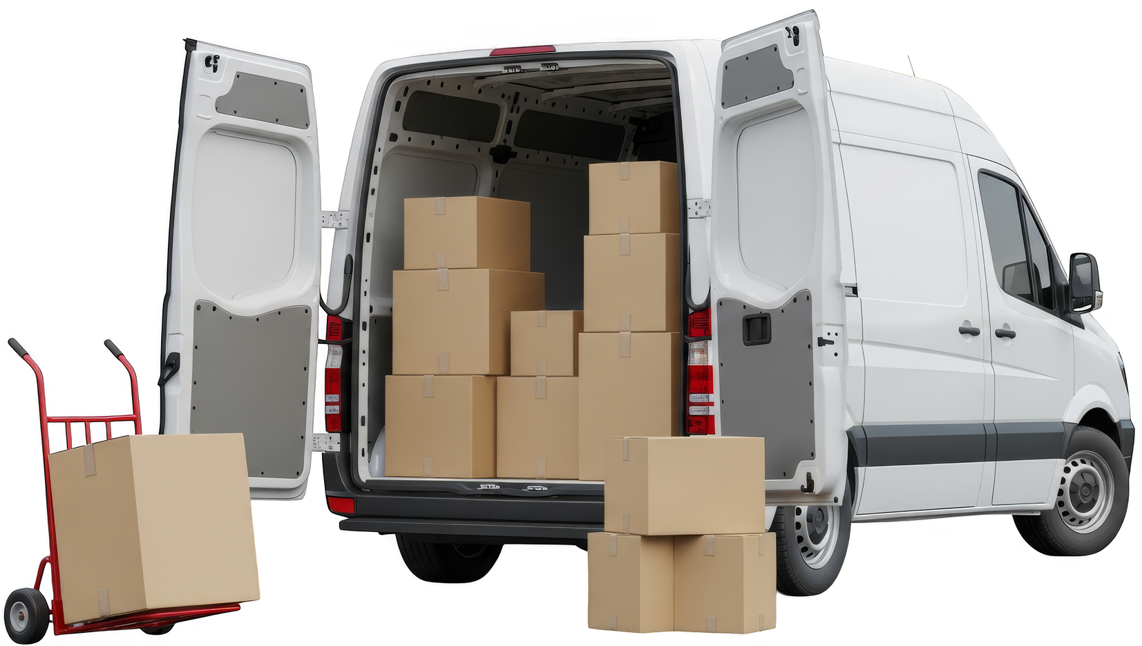 Camionnette de livraison blanche, portes ouvertes, chargée de cartons et d'un diable.