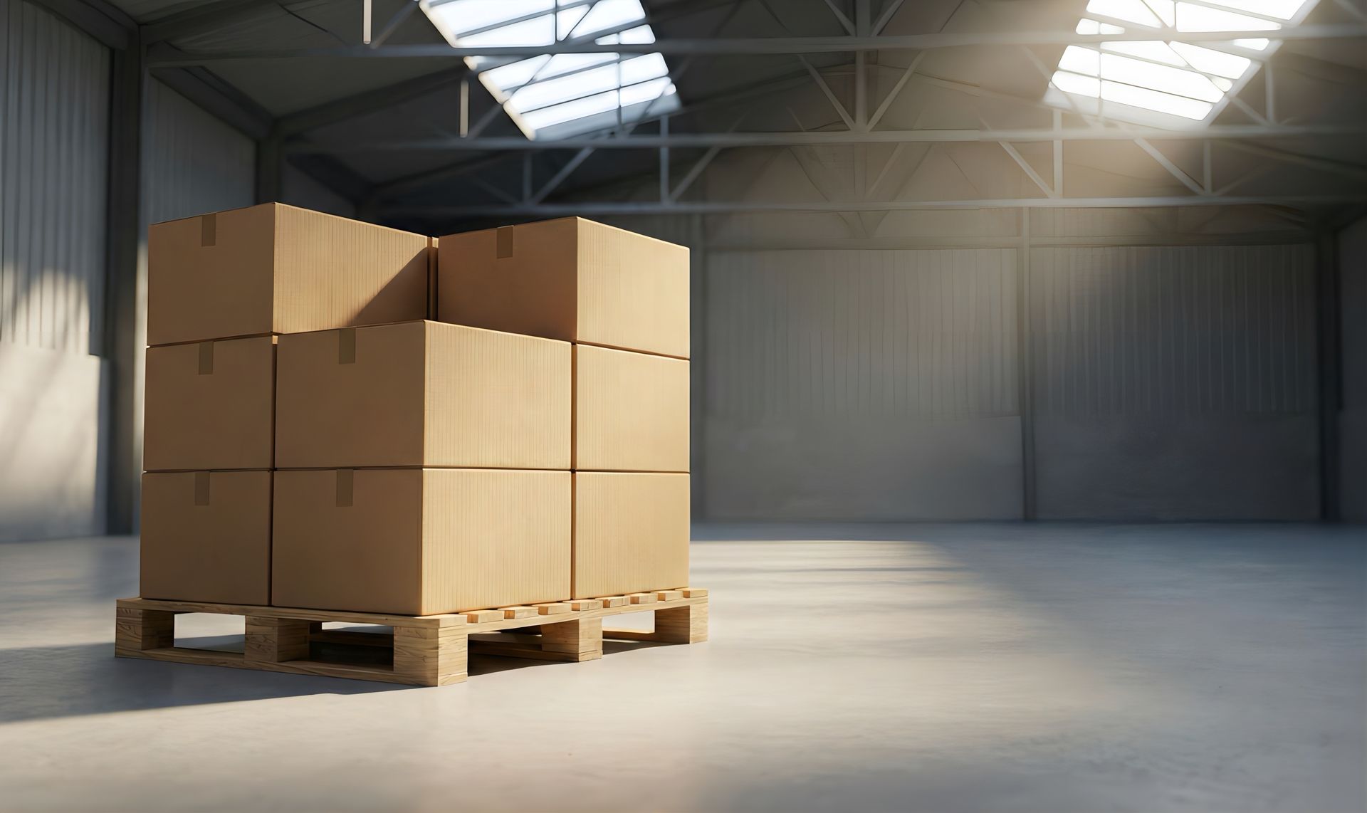 Des cartons empilés sur une palette dans un entrepôt, éclairés par la lumière du soleil filtrant par des puits de lumière.