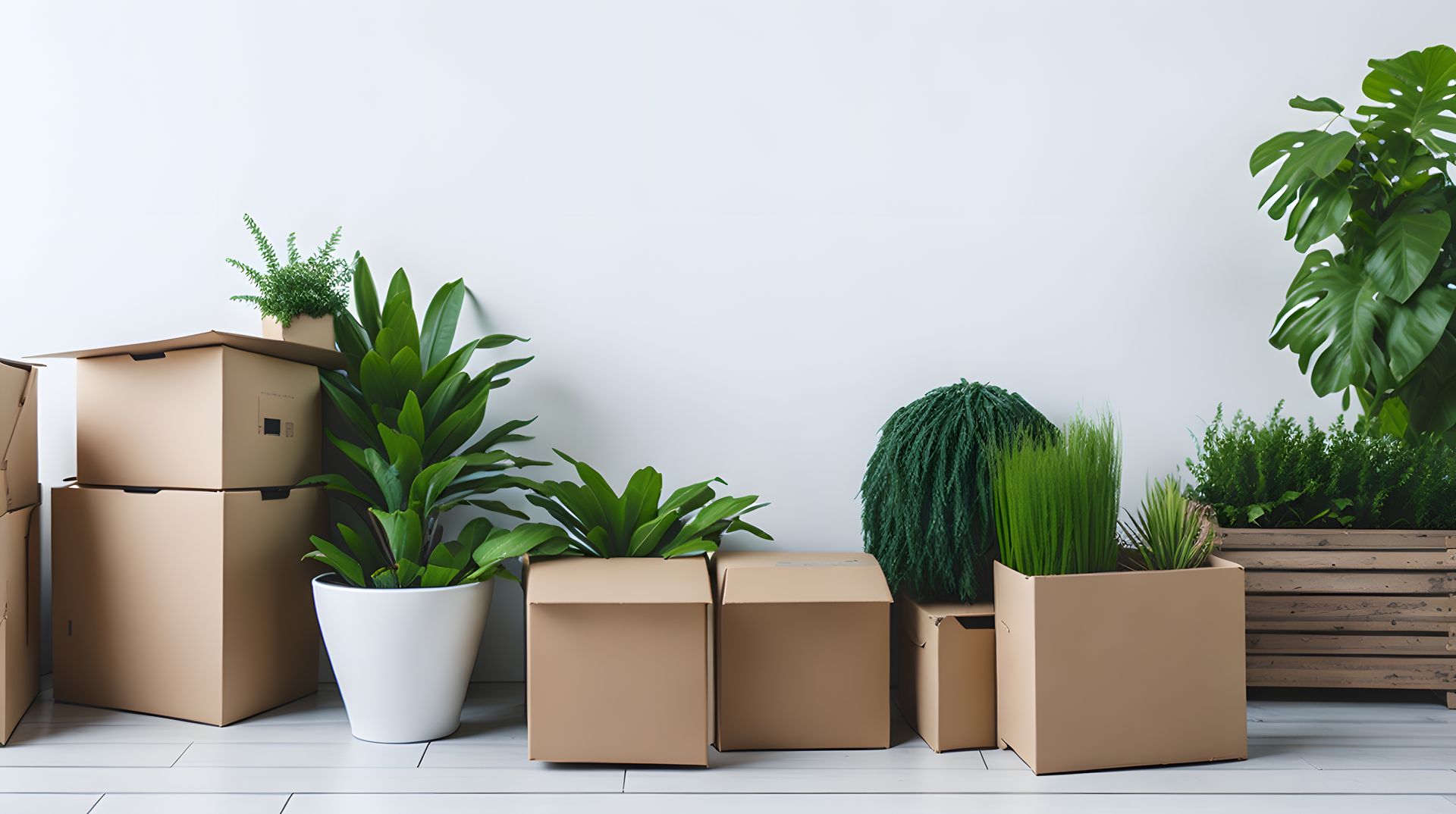 Des cartons et des plantes en pot contre un mur blanc et un sol en bois.