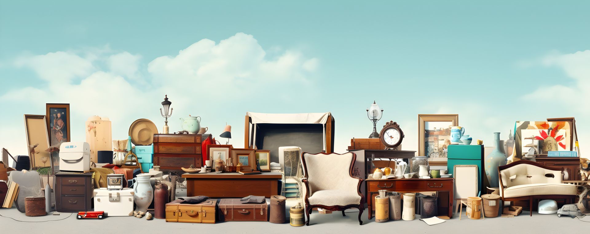 Un étalage d'objets divers, comme des meubles et des objets de décoration, sur fond de ciel bleu, probablement lors d'un vide-grenier.