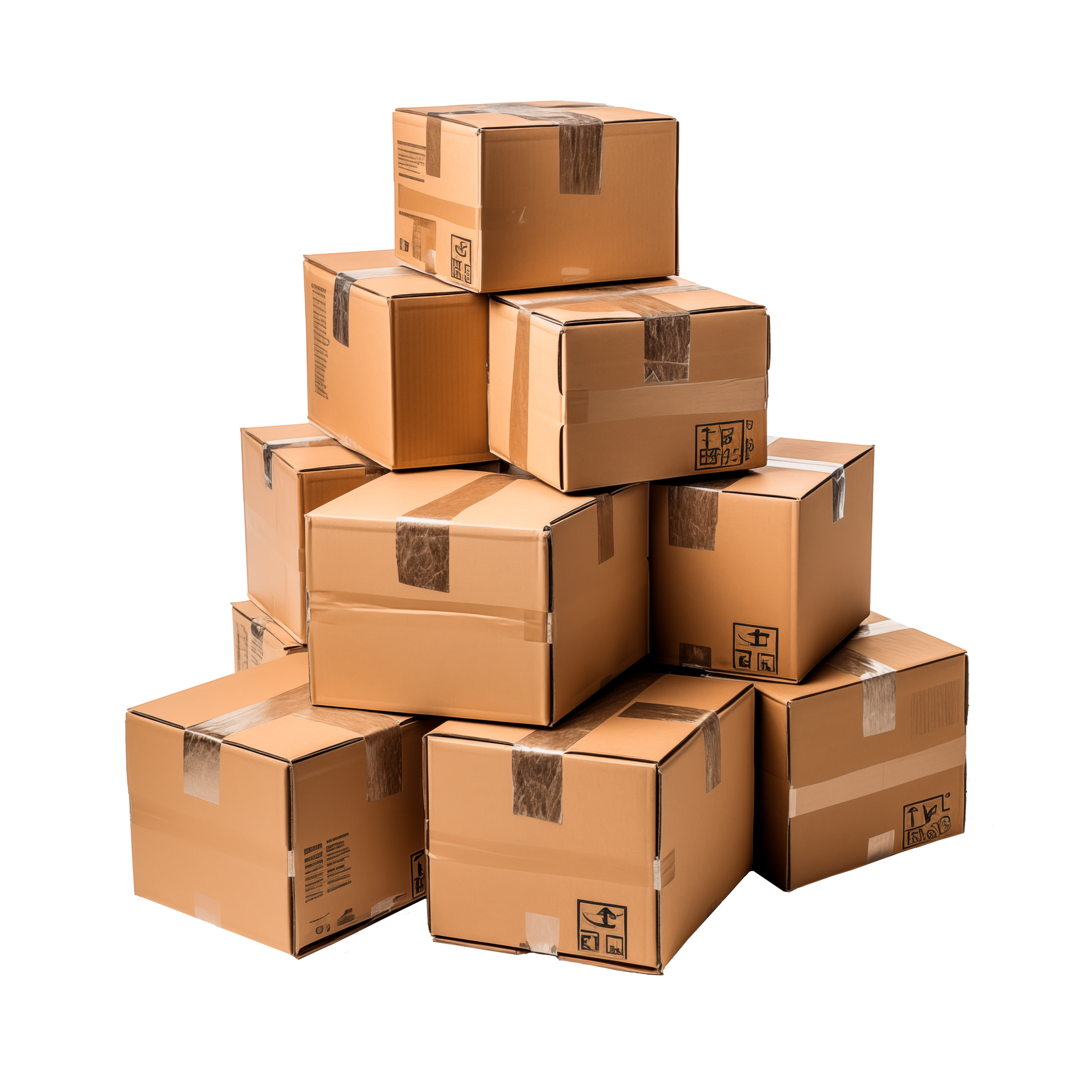 Pile de cartons bruns, certains scotchés, empilés les uns sur les autres.