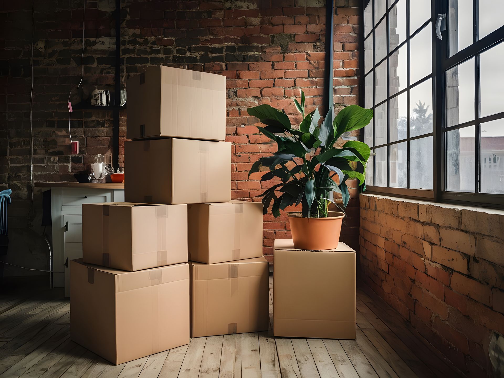 Des cartons empilés près d'une fenêtre, une plante en pot dessus. Mur de briques et sol en bois.