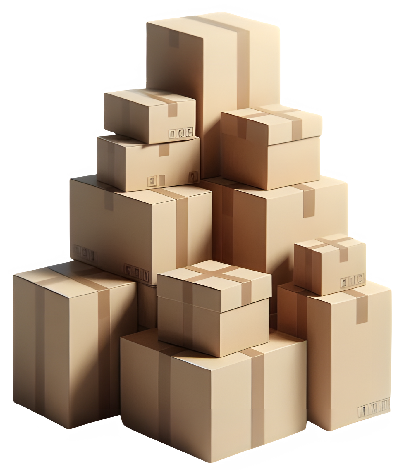 Pile de cartons de différentes tailles, scotchés et prêts à être expédiés ou à être déménagés.