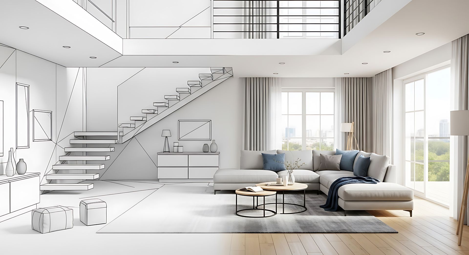 Salon moderne avec un plan partiellement esquissé et une partie finie comprenant un escalier, un canapé et une fenêtre.