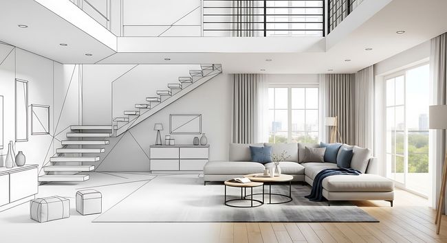 Salon moderne avec un plan partiellement esquissé et une partie finie comprenant un escalier, un canapé et une fenêtre.