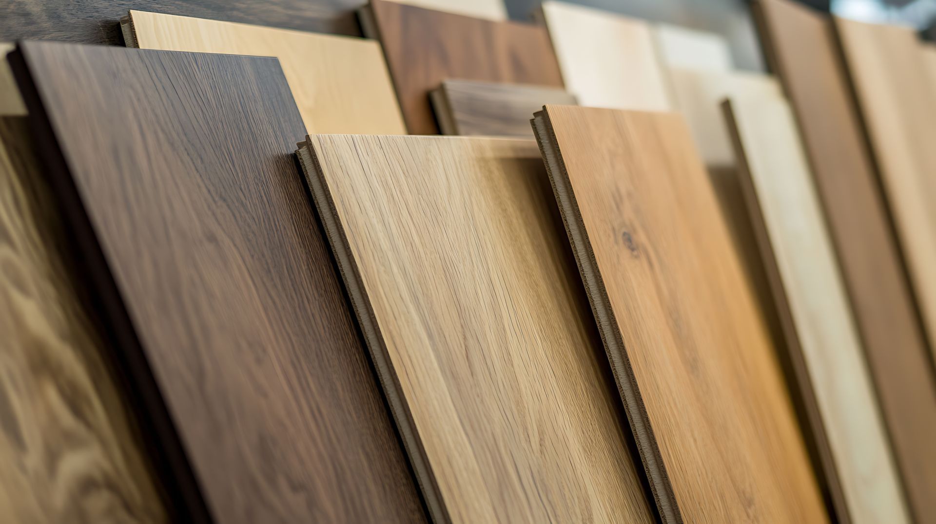 Échantillons de parquet en bois dans différentes nuances de brun et de beige, présentés sur un présentoir.