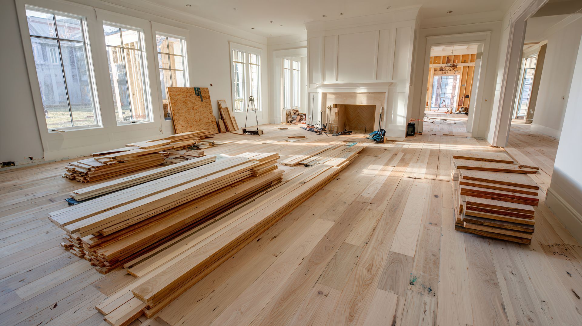 Intérieur d'une maison en construction. Planches empilées sur un nouveau parquet.