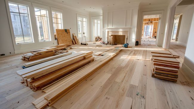 Intérieur d'une maison en construction. Planches empilées sur un nouveau parquet.