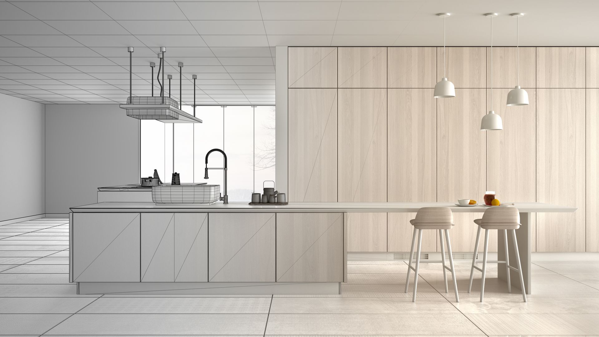 Cuisine moderne avec îlot et mur en bois clair, suspensions lumineuses et tabourets de bar.
