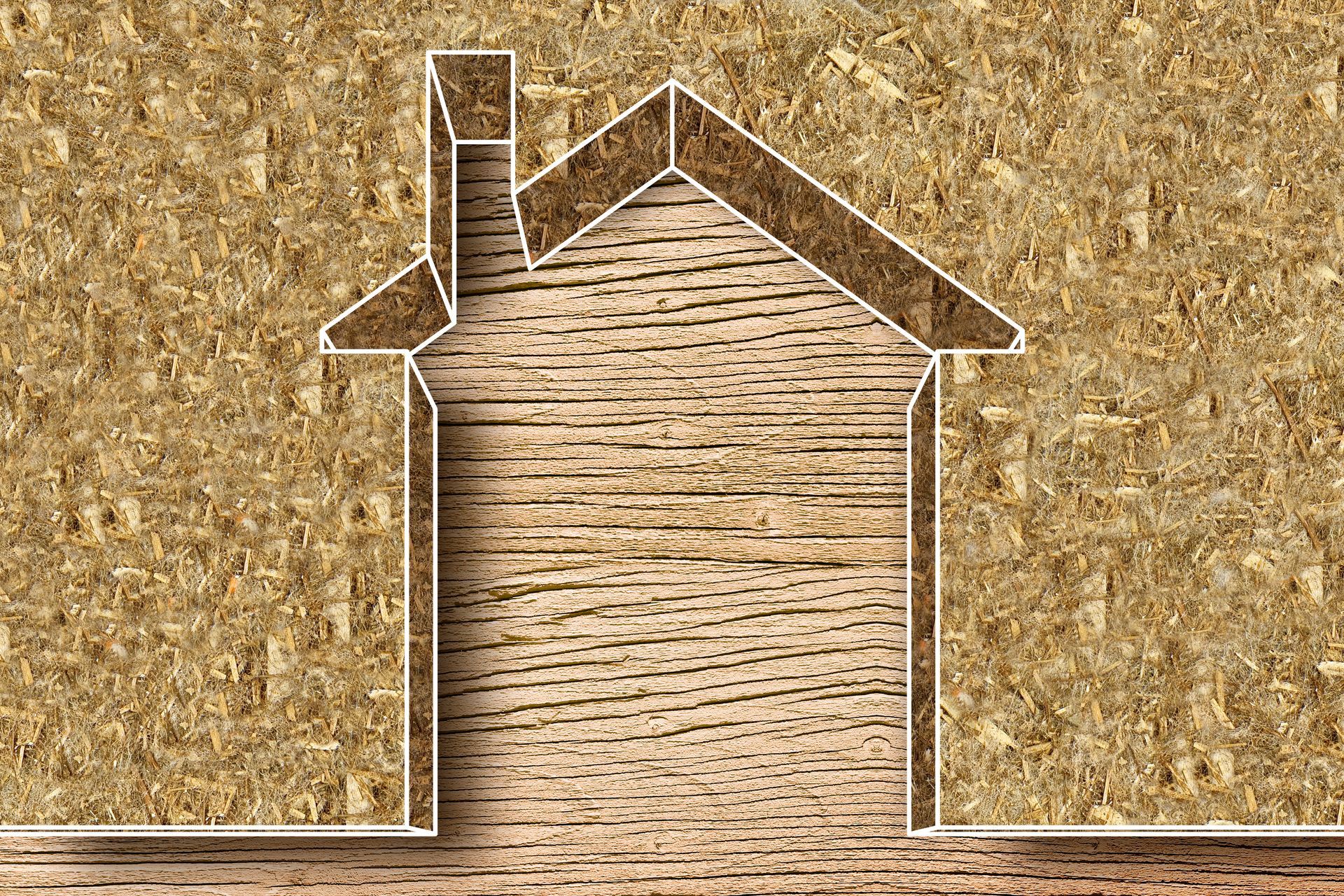 Silhouette d'une maison découpée dans du bois, révélant un motif de grain différent à l'intérieur.